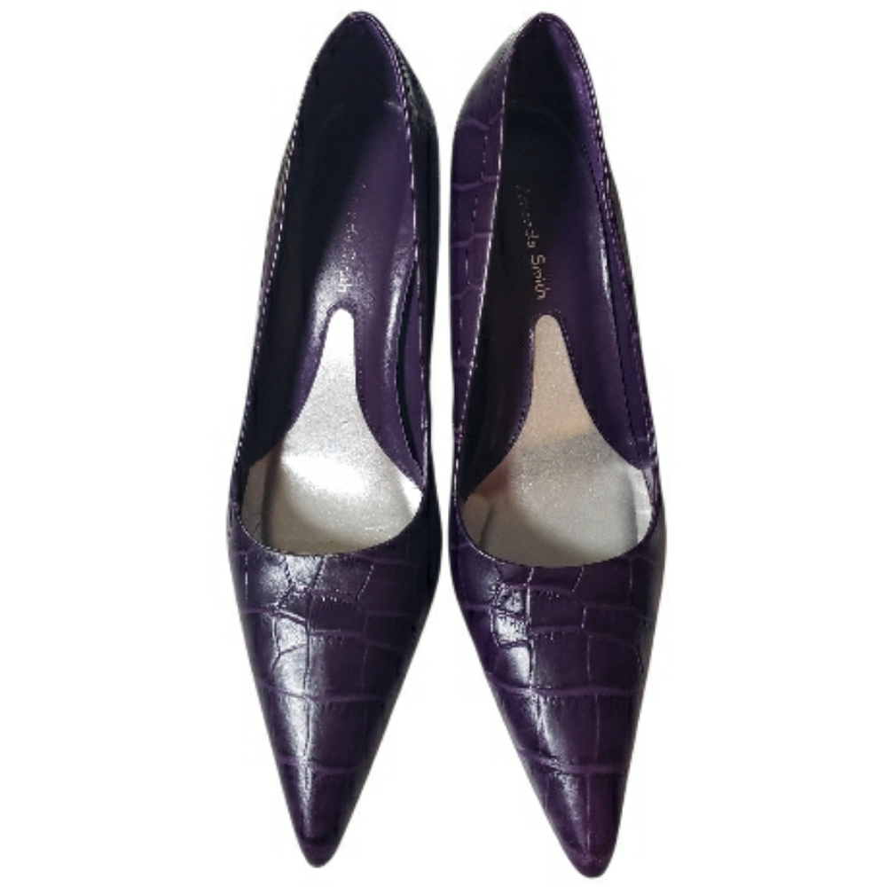 Vintage Leather Heels Amanda Smith Pointy Toe Crock Embossed Purple Stilleto 7.5